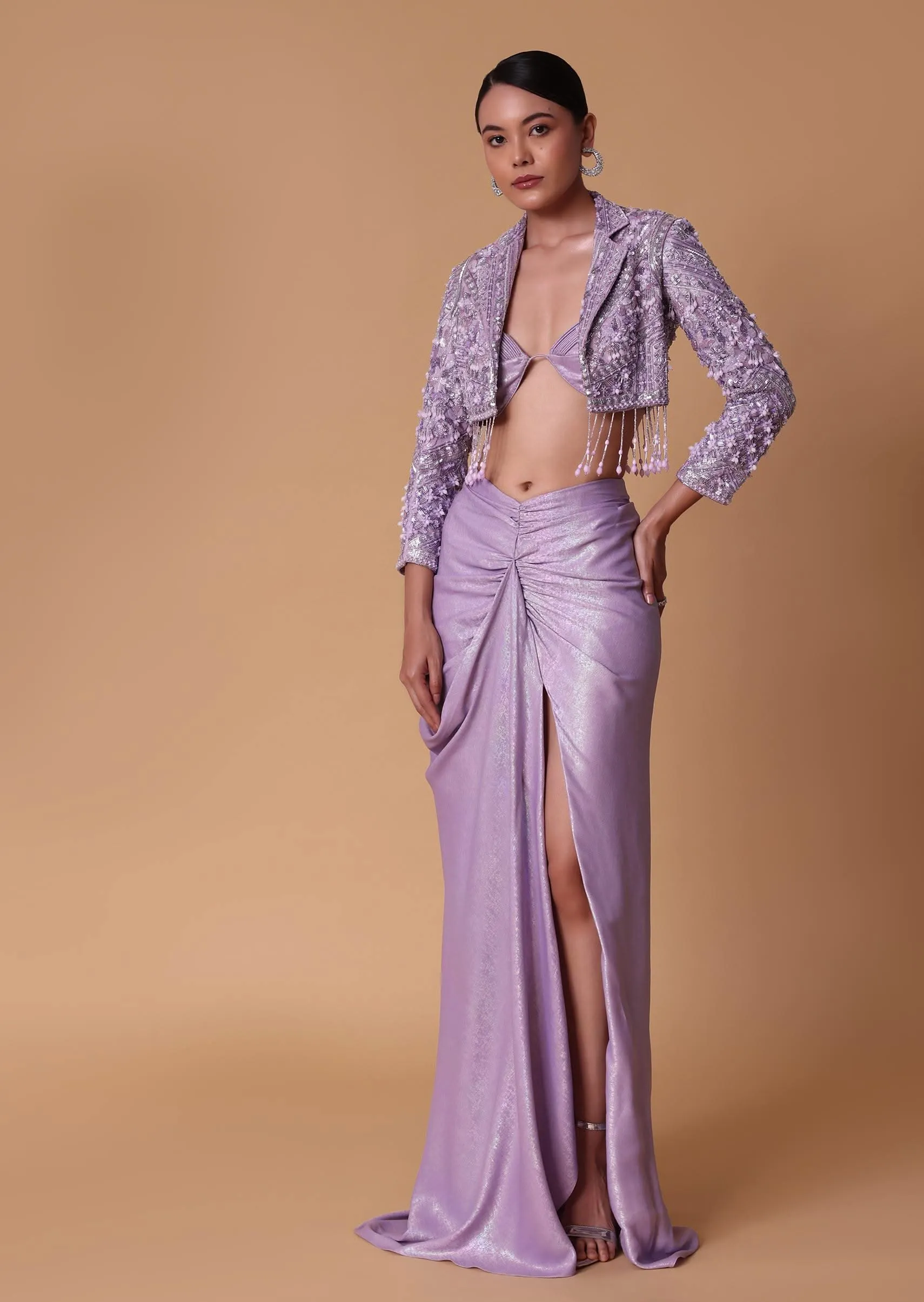 Lilac Foil Print Draped Slit Skirt With Bustier And Short Jacket