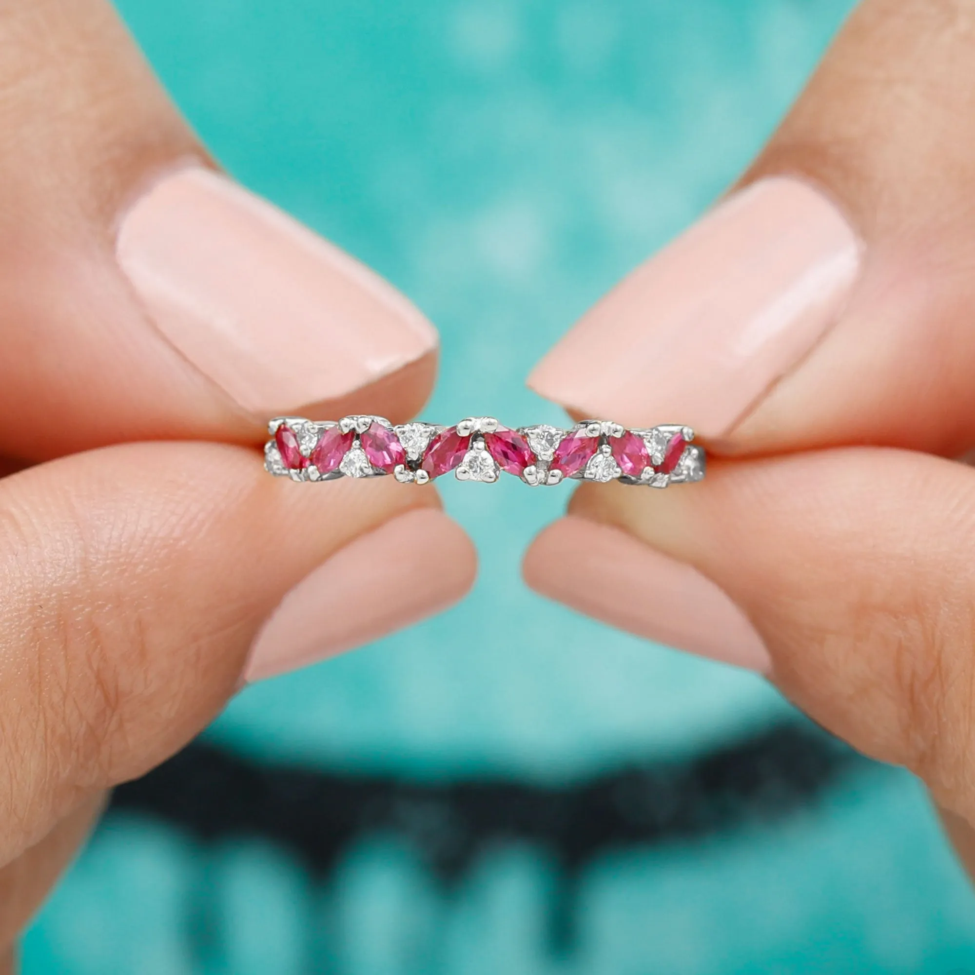 Marquise Cut Ruby Half Eternity Ring with Diamond