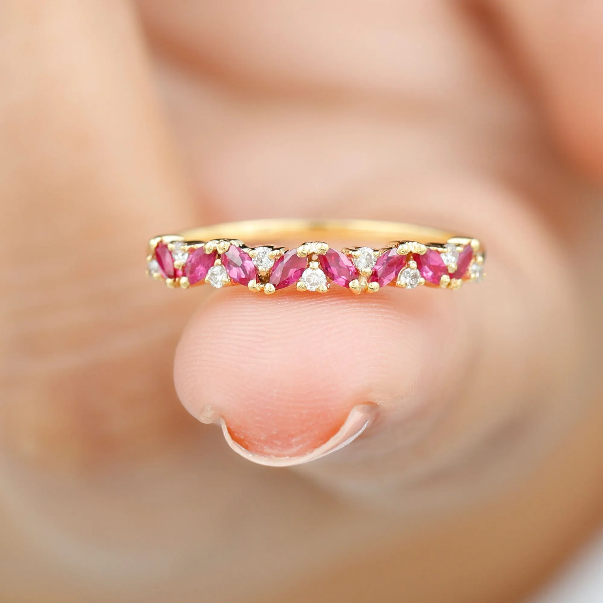 Marquise Cut Ruby Half Eternity Ring with Diamond
