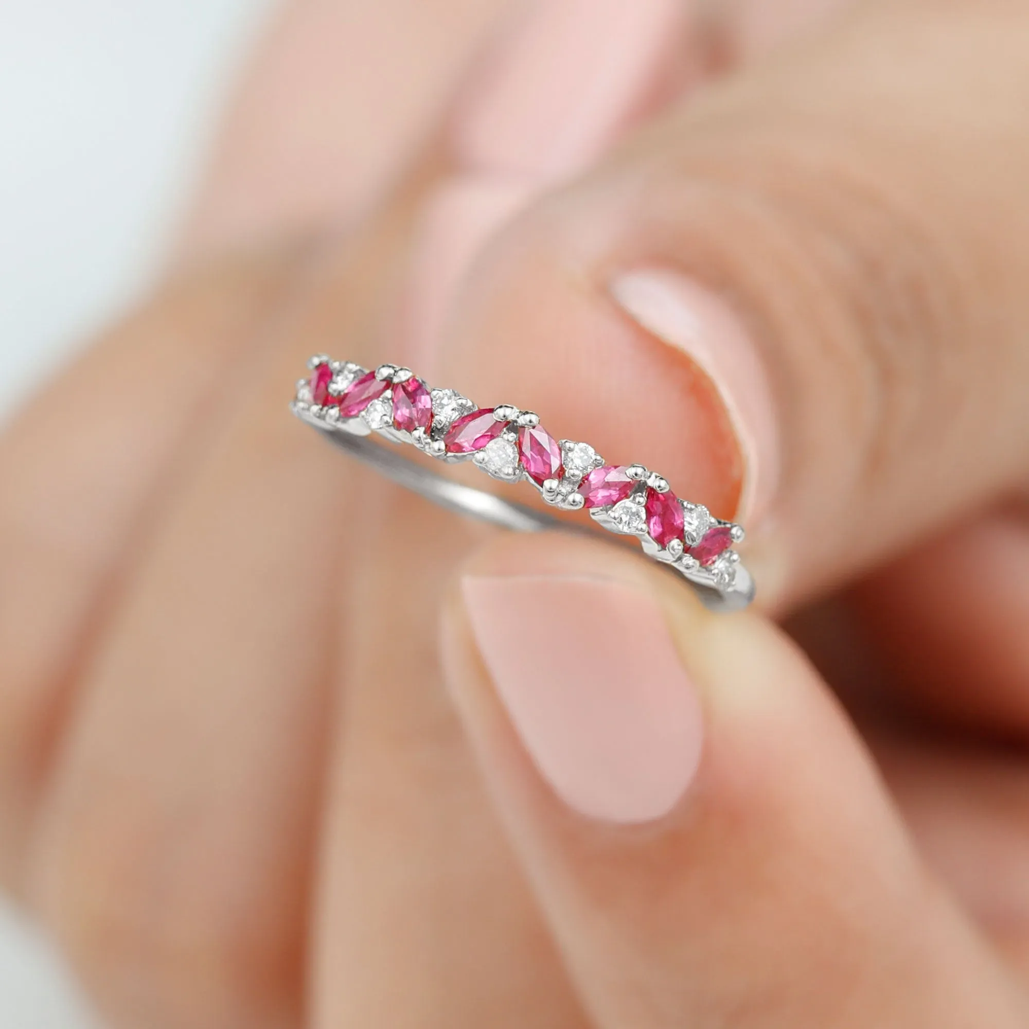 Marquise Cut Ruby Half Eternity Ring with Diamond
