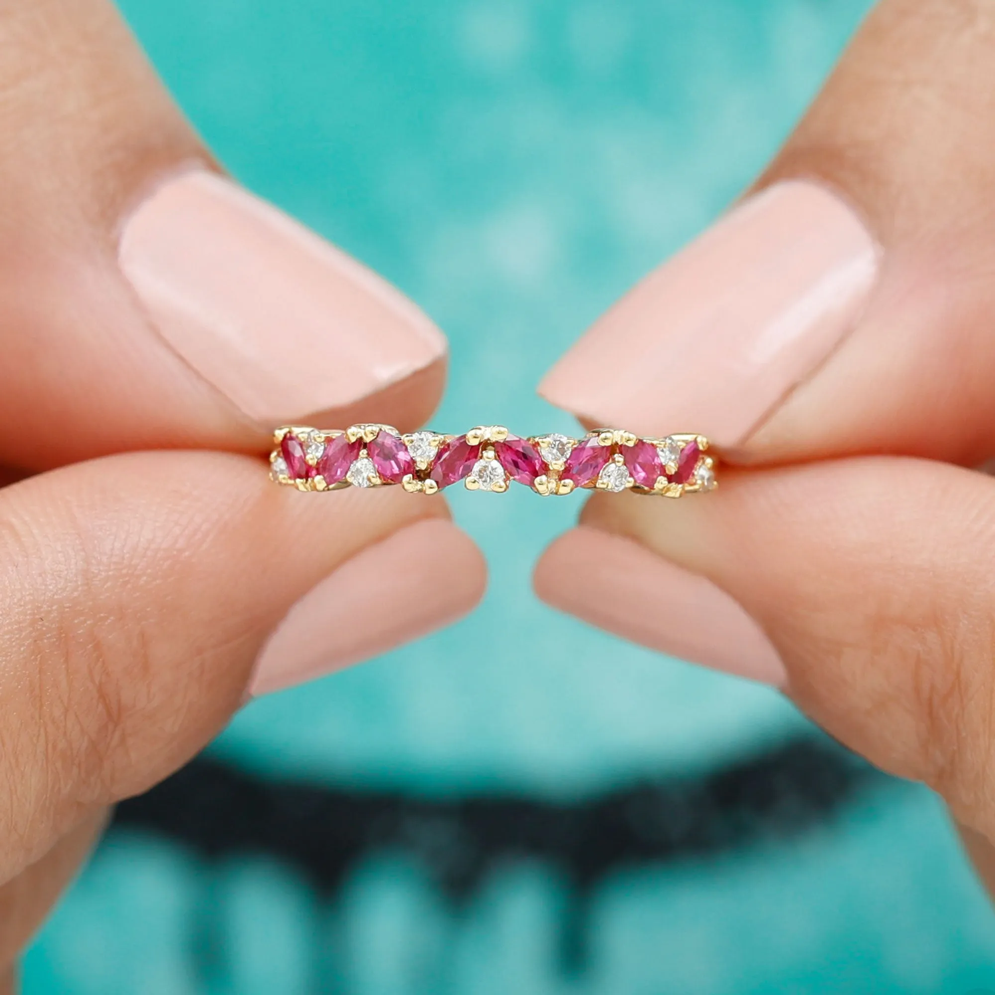 Marquise Cut Ruby Half Eternity Ring with Diamond