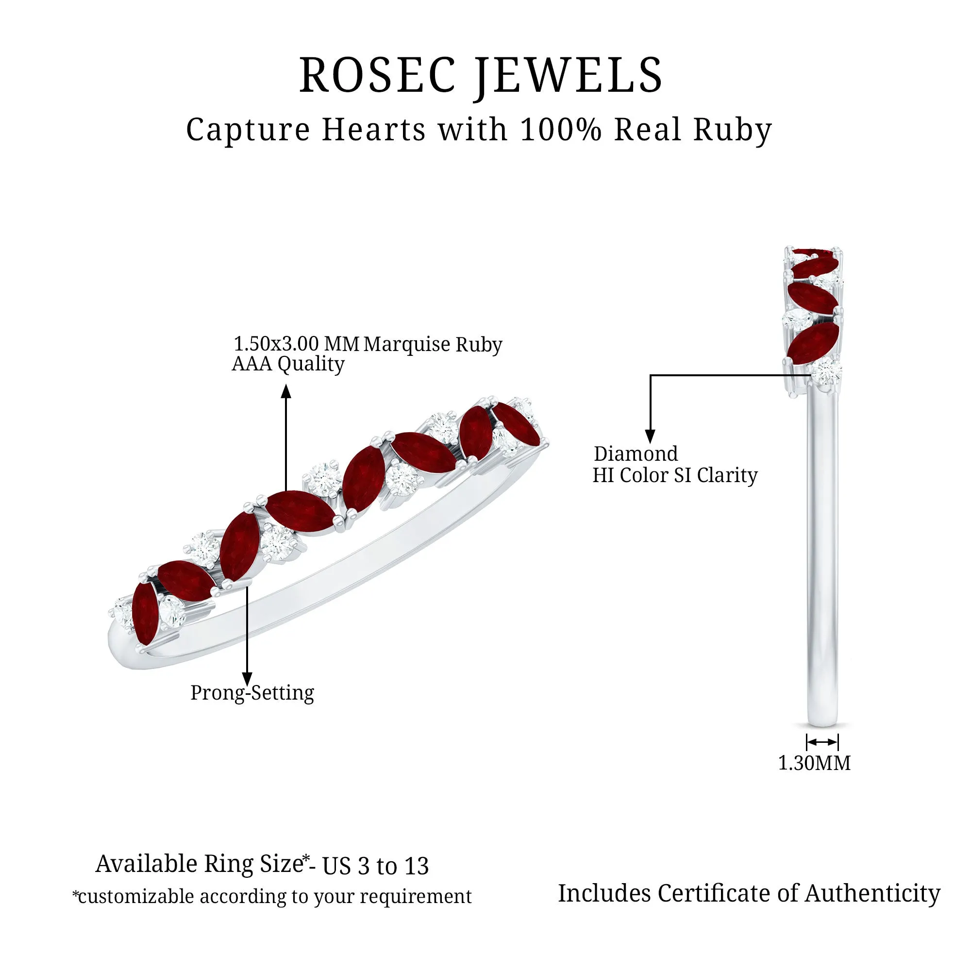 Marquise Cut Ruby Half Eternity Ring with Diamond