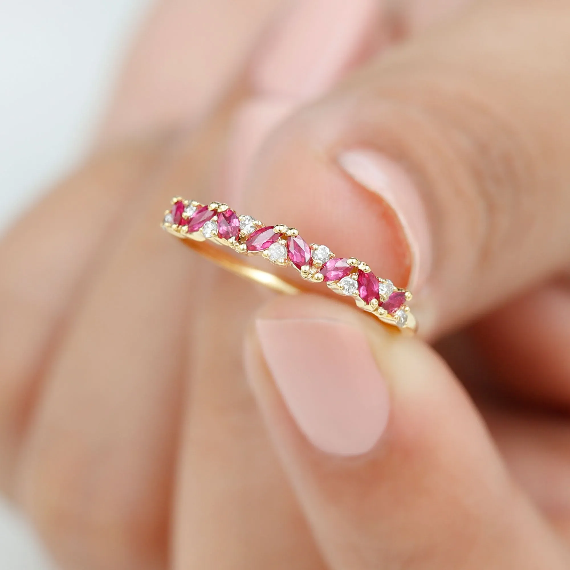 Marquise Cut Ruby Half Eternity Ring with Diamond