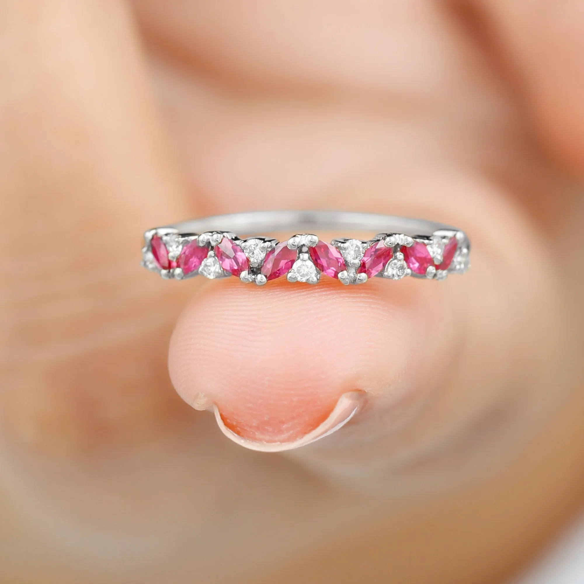 Marquise Cut Ruby Half Eternity Ring with Diamond