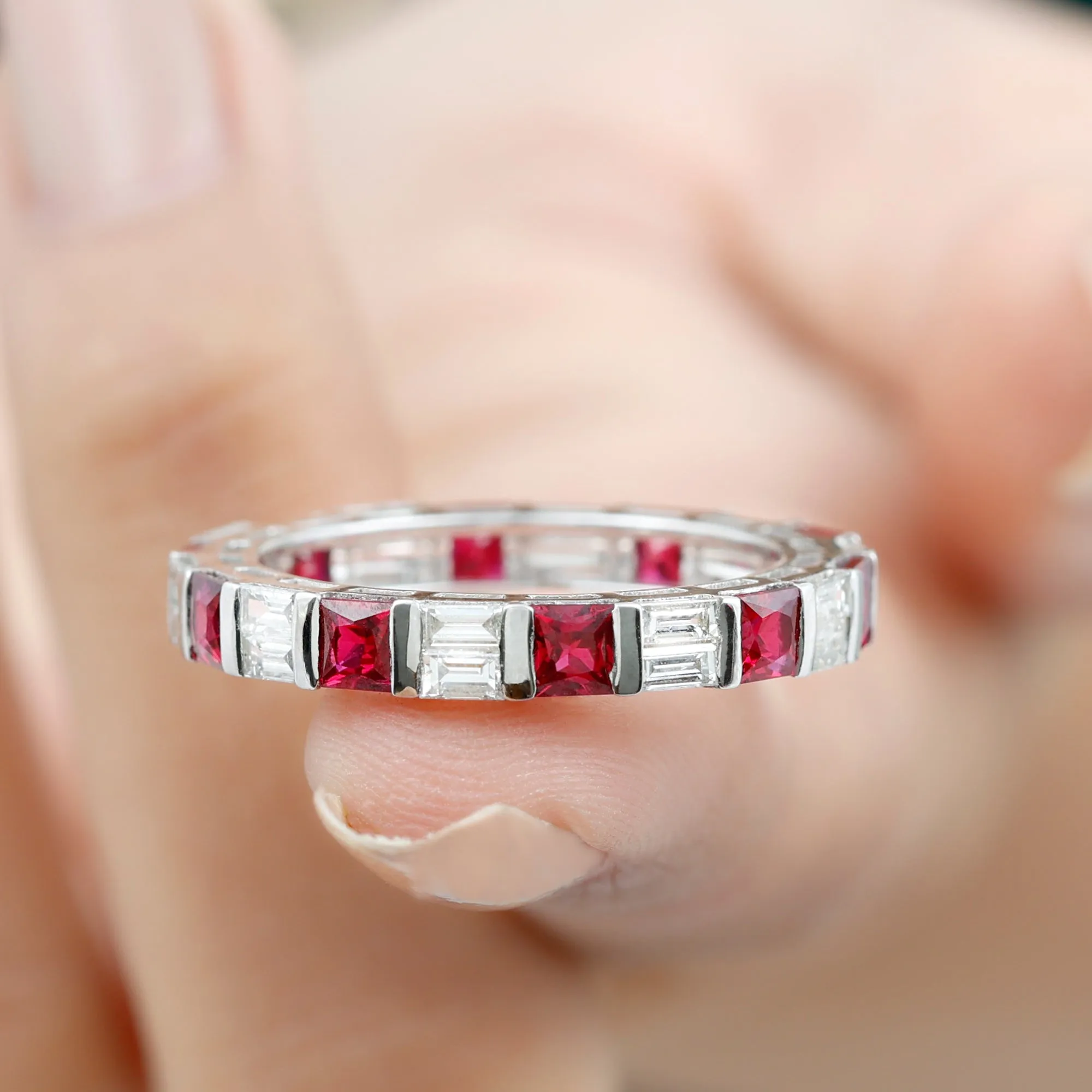 Princess Cut Lab Created Ruby And Moissanite Full Eternity Ring