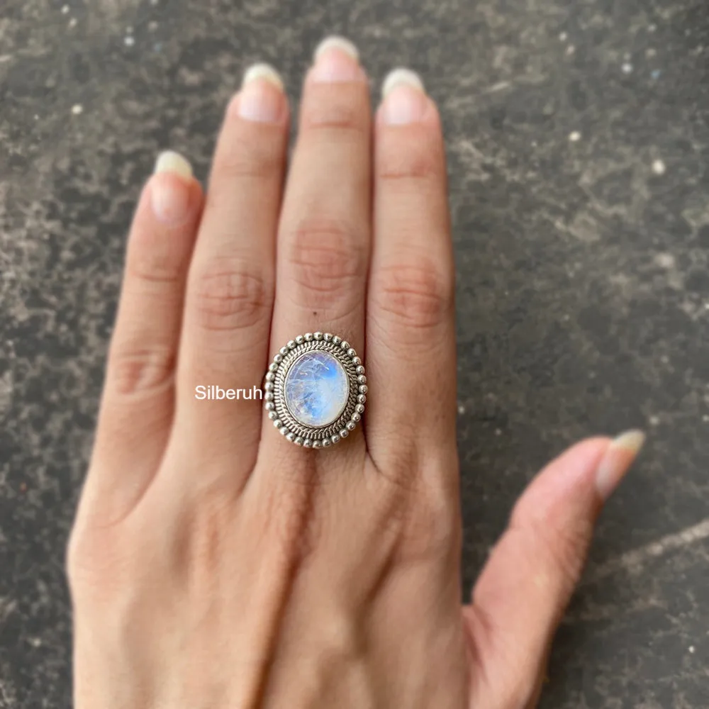 Rainbow Moonstone Silver Tribal Ring