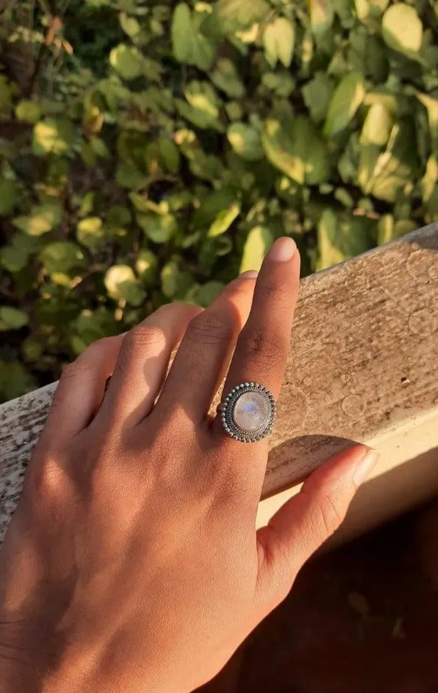 Rainbow Moonstone Silver Tribal Ring