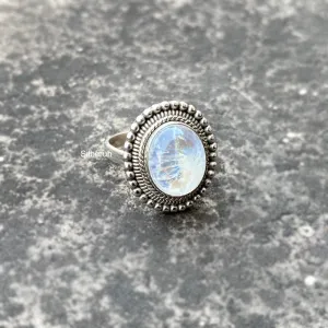 Rainbow Moonstone Silver Tribal Ring