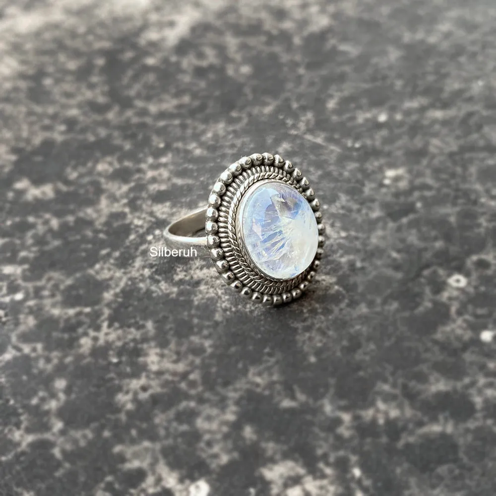 Rainbow Moonstone Silver Tribal Ring