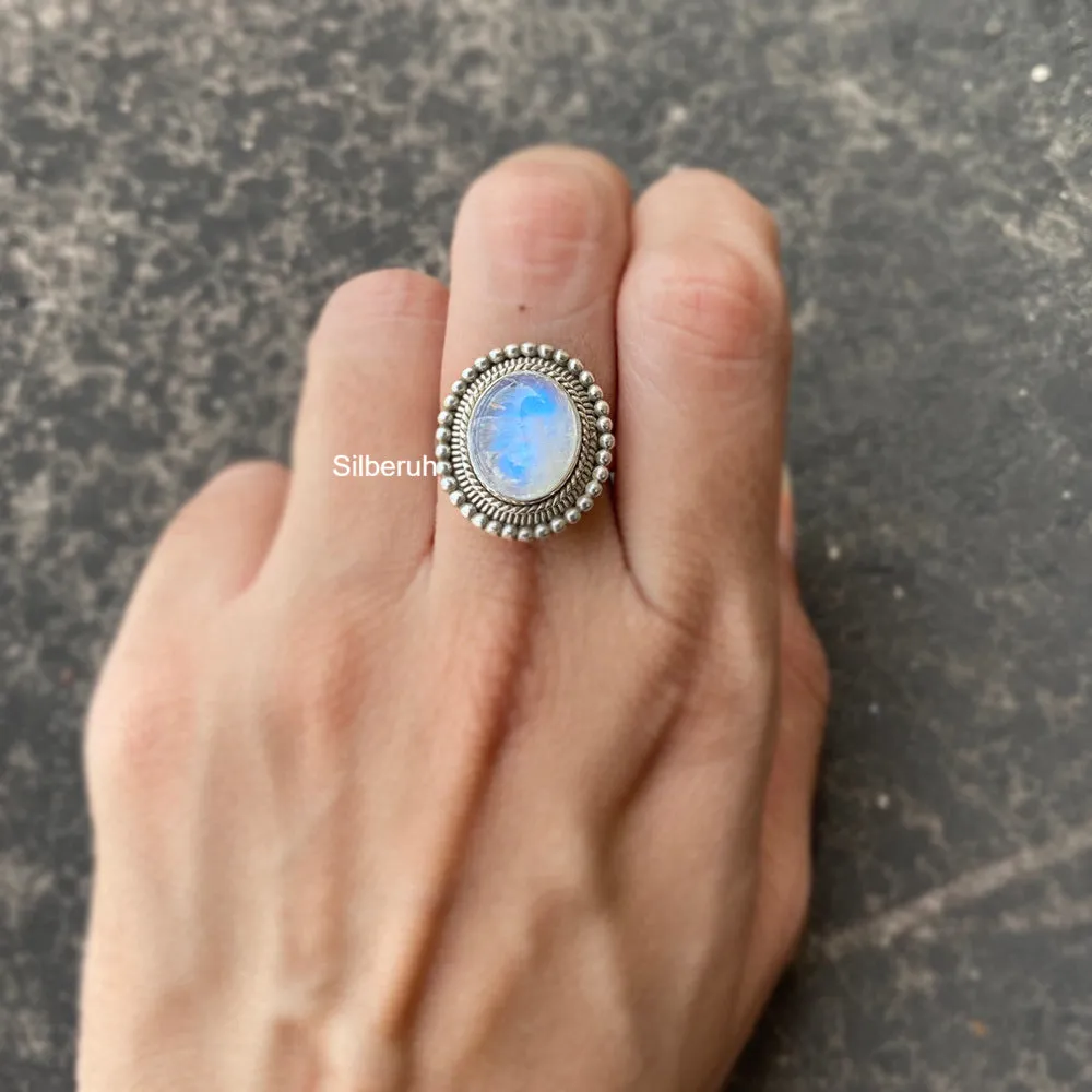 Rainbow Moonstone Silver Tribal Ring