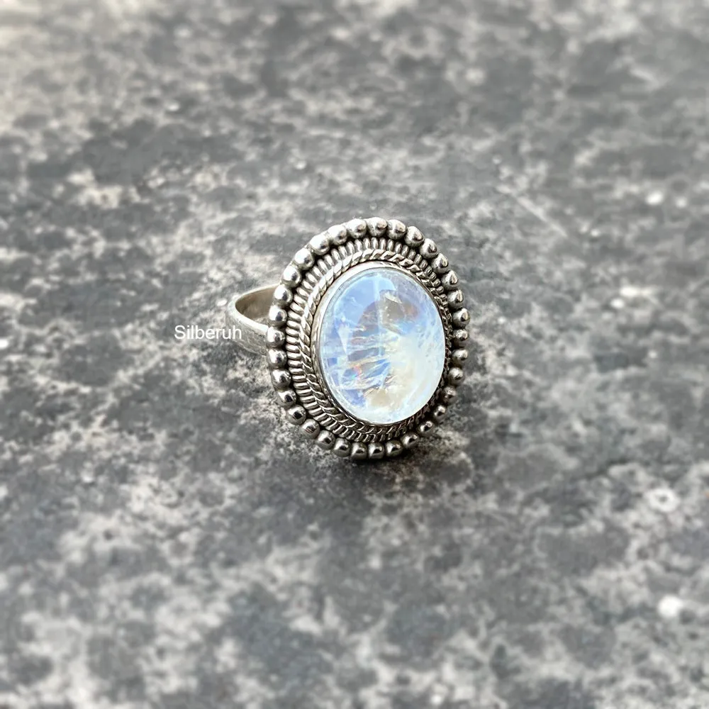 Rainbow Moonstone Silver Tribal Ring