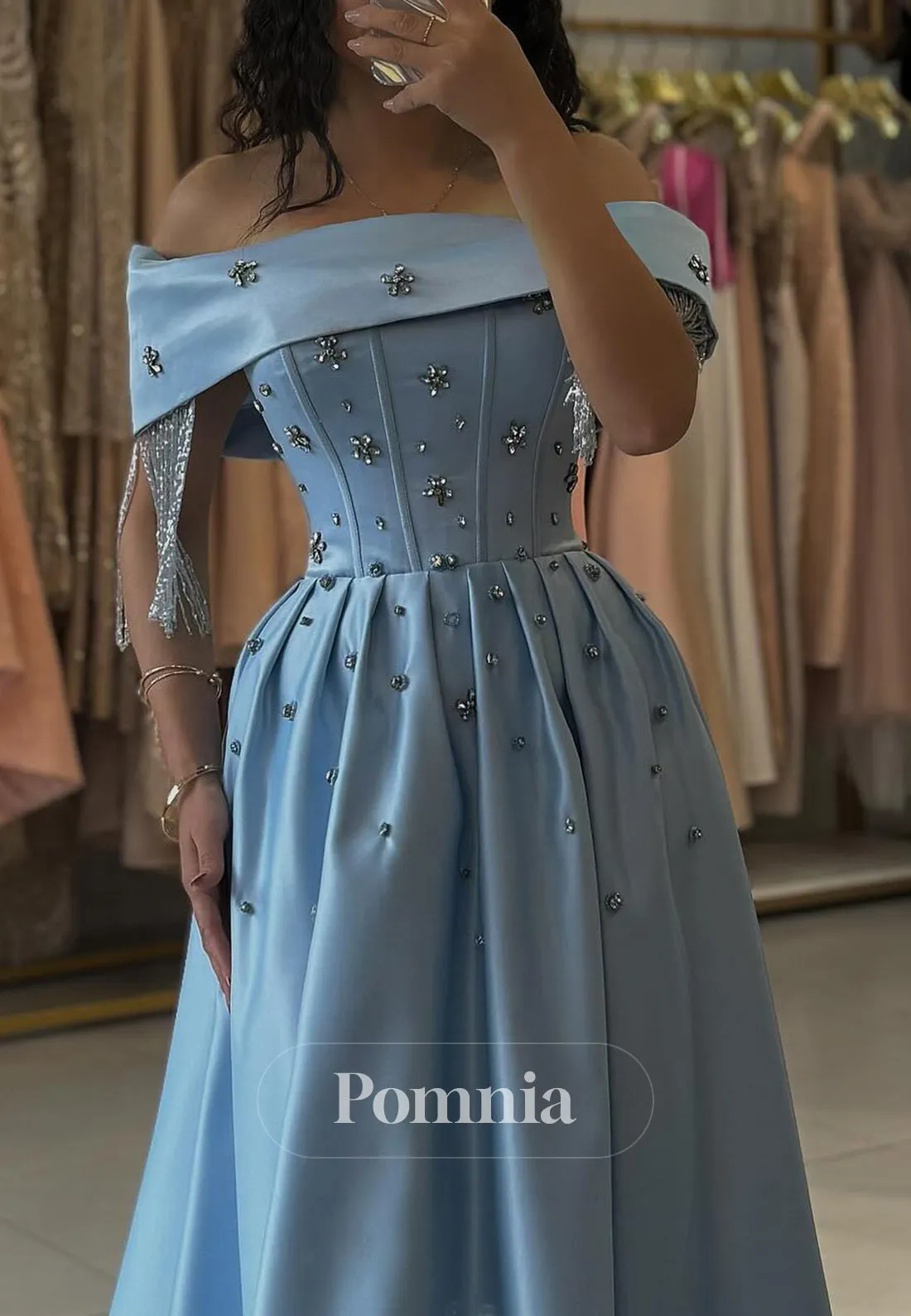 Sky Blue A-Line Off-Shoulder Empire-Waist Sequins Evening Dress