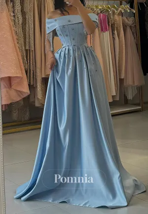 Sky Blue A-Line Off-Shoulder Empire-Waist Sequins Evening Dress