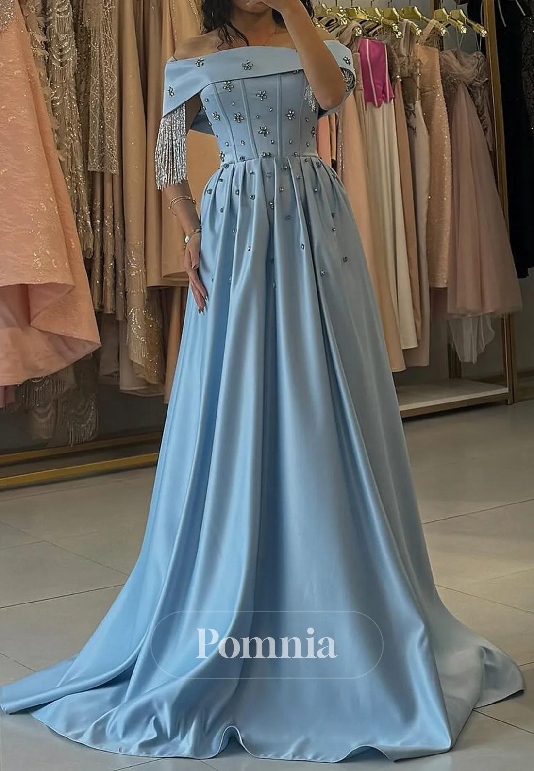 Sky Blue A-Line Off-Shoulder Empire-Waist Sequins Evening Dress