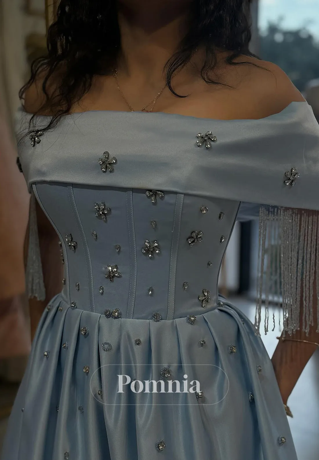 Sky Blue A-Line Off-Shoulder Empire-Waist Sequins Evening Dress