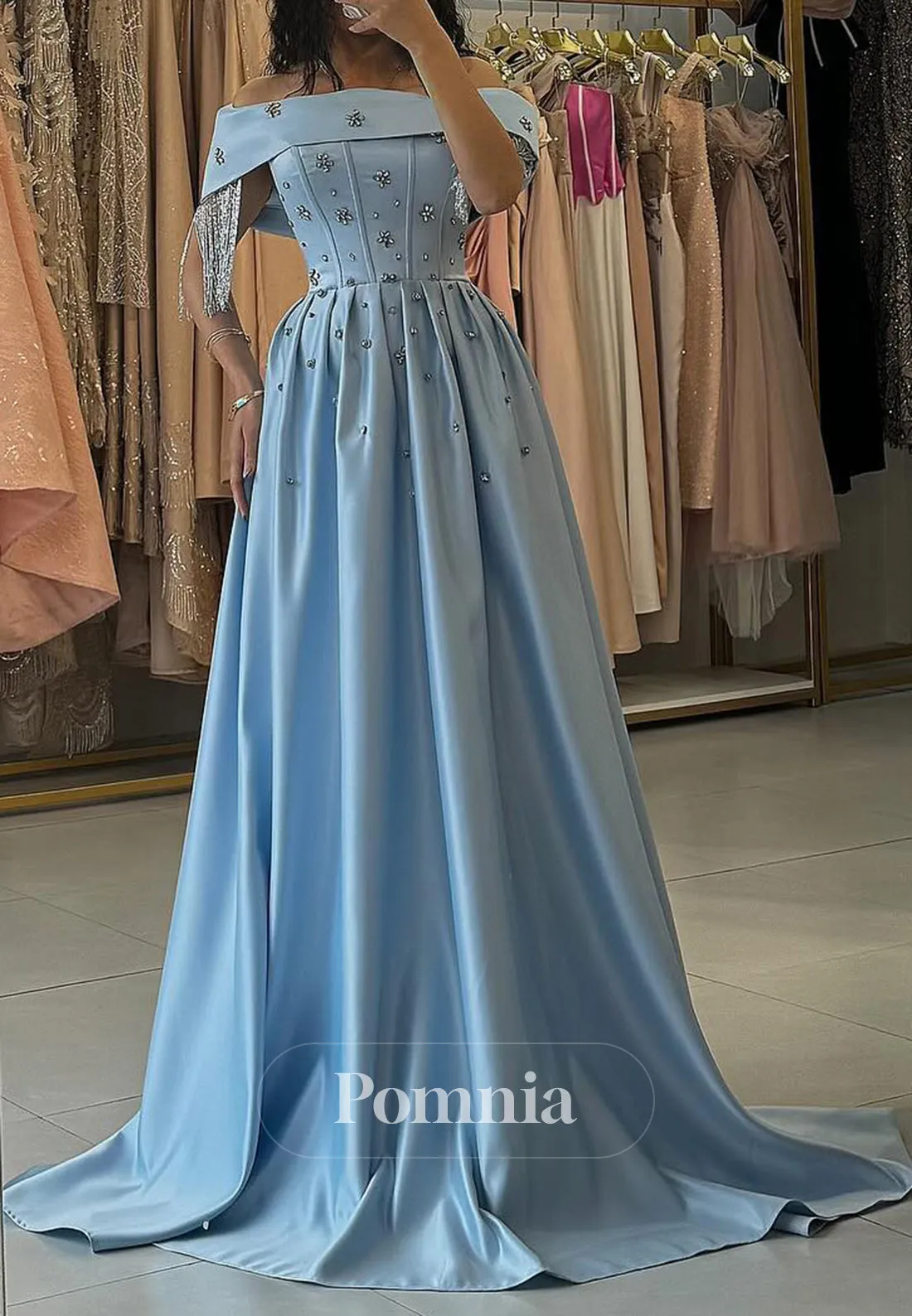 Sky Blue A-Line Off-Shoulder Empire-Waist Sequins Evening Dress