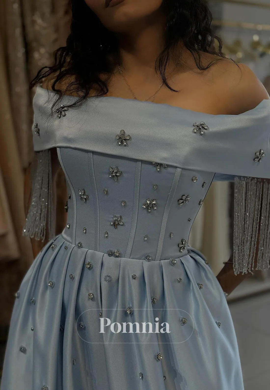 Sky Blue A-Line Off-Shoulder Empire-Waist Sequins Evening Dress