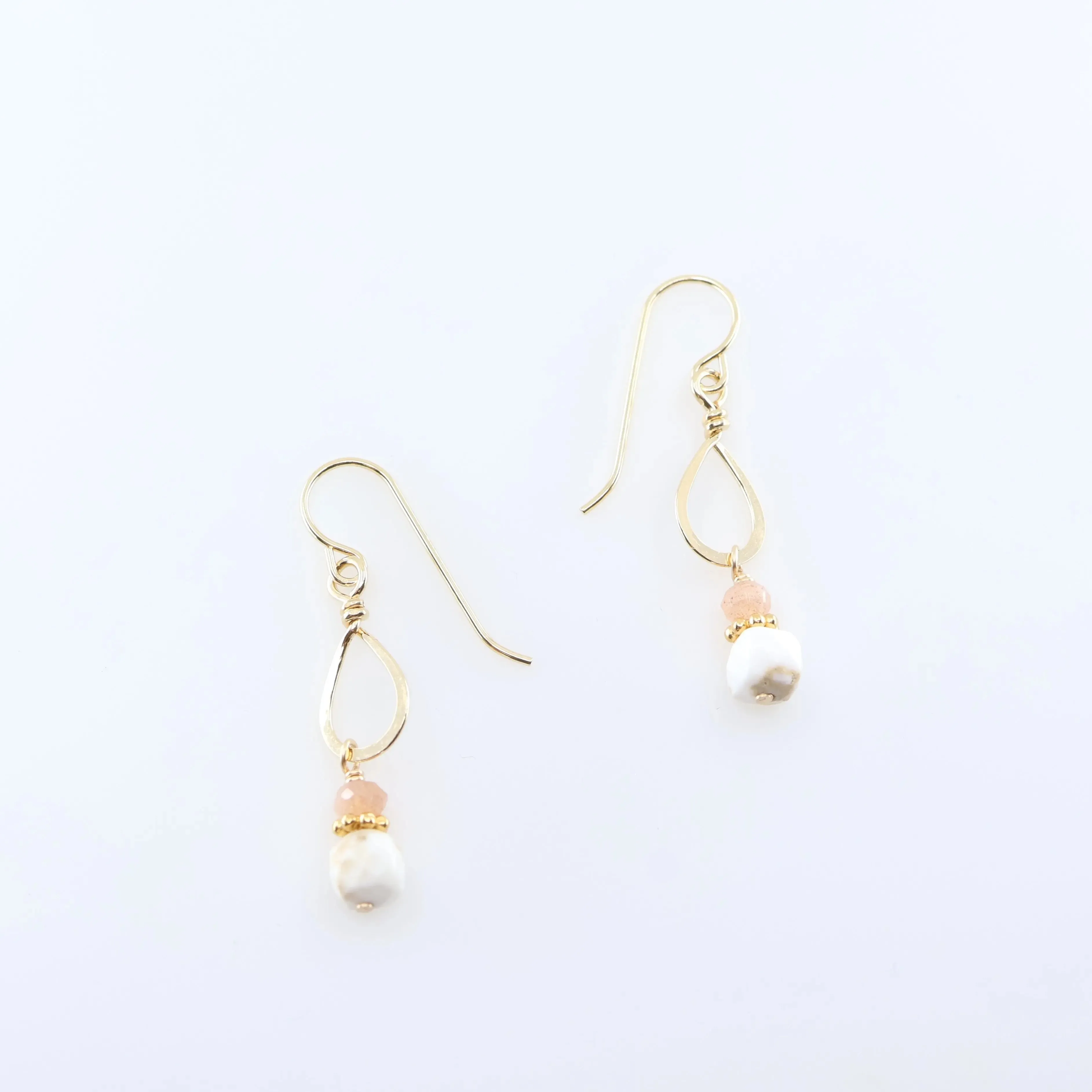 Tiny Forged Teardrop Earrings with White Turquoise and Moonstone