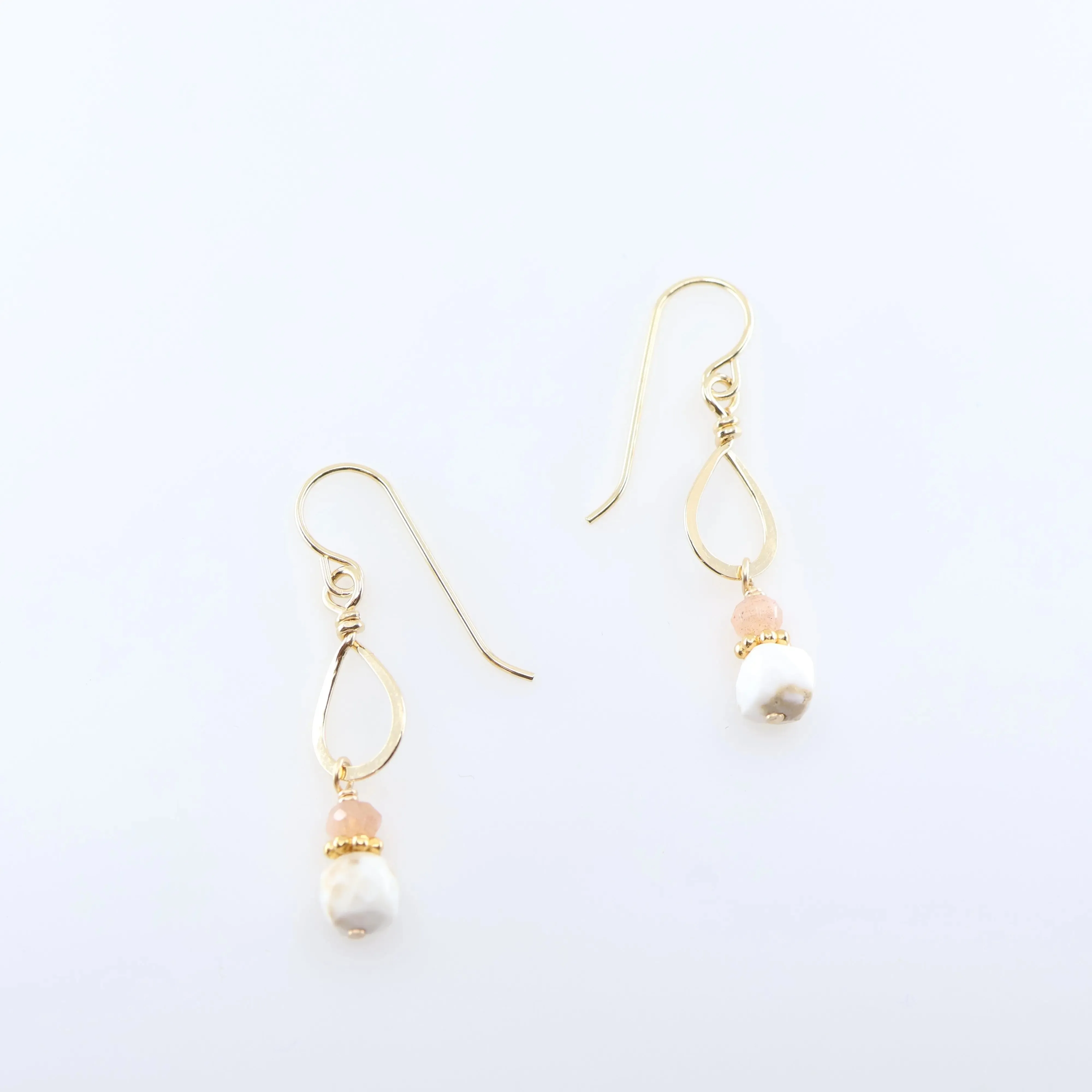 Tiny Forged Teardrop Earrings with White Turquoise and Moonstone