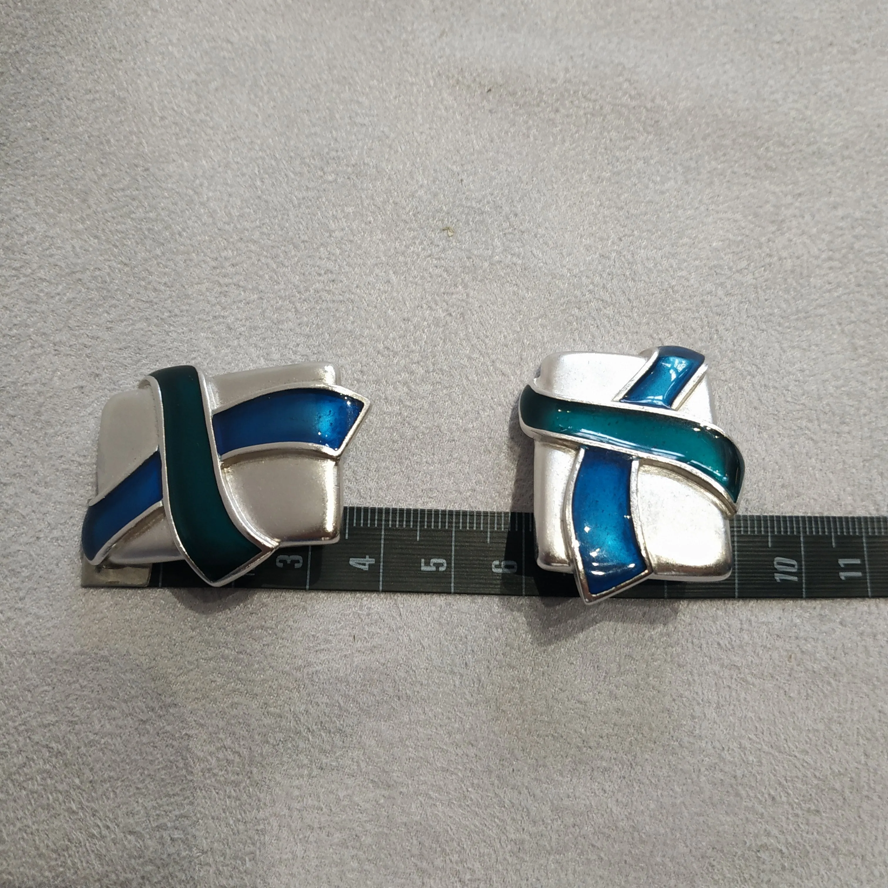 Vintage Yves Saint Laurent Rectangular Silver Blue and Green Clip On Earrings