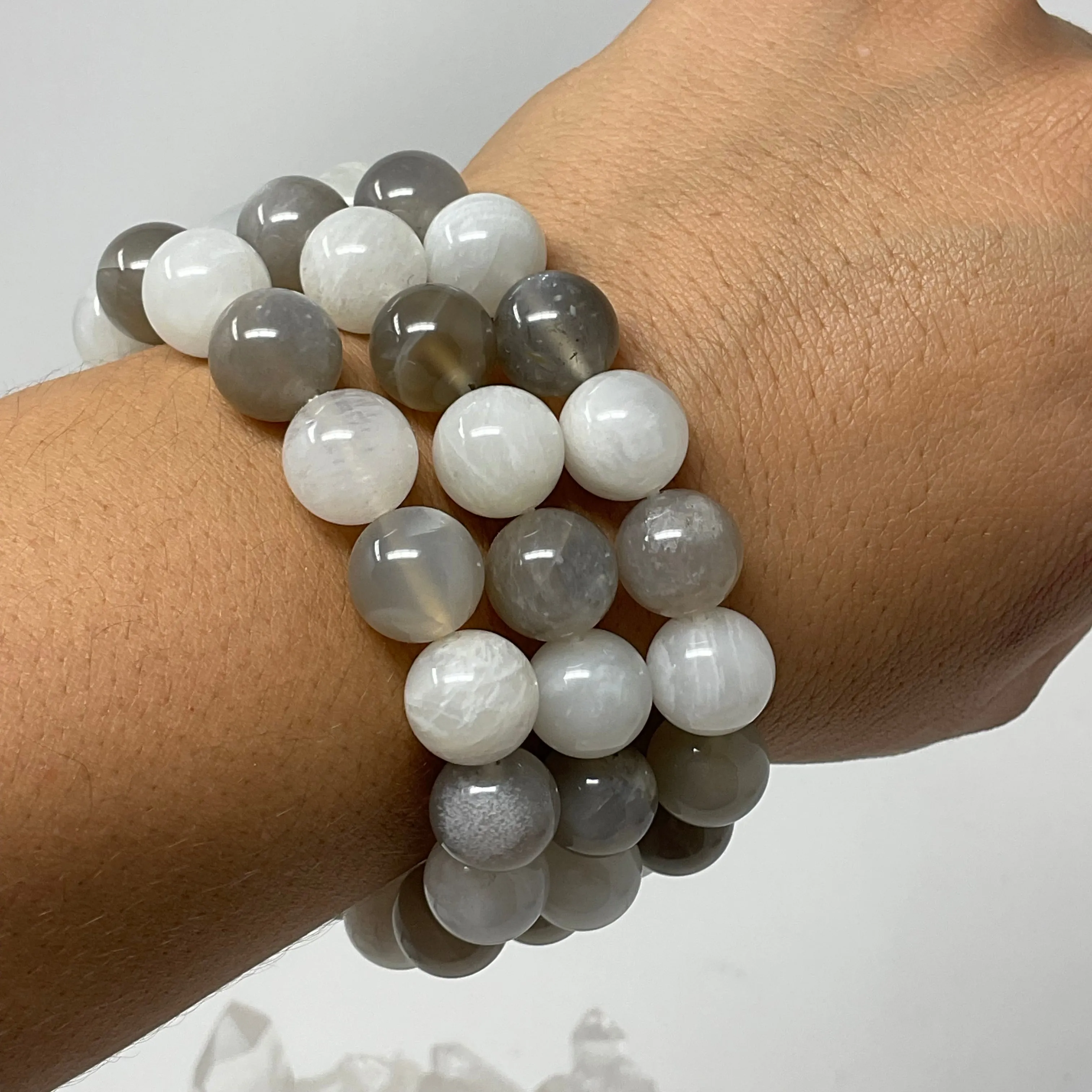 White & Grey Moonstone 12MM 2-Piece Round Bracelet Set
