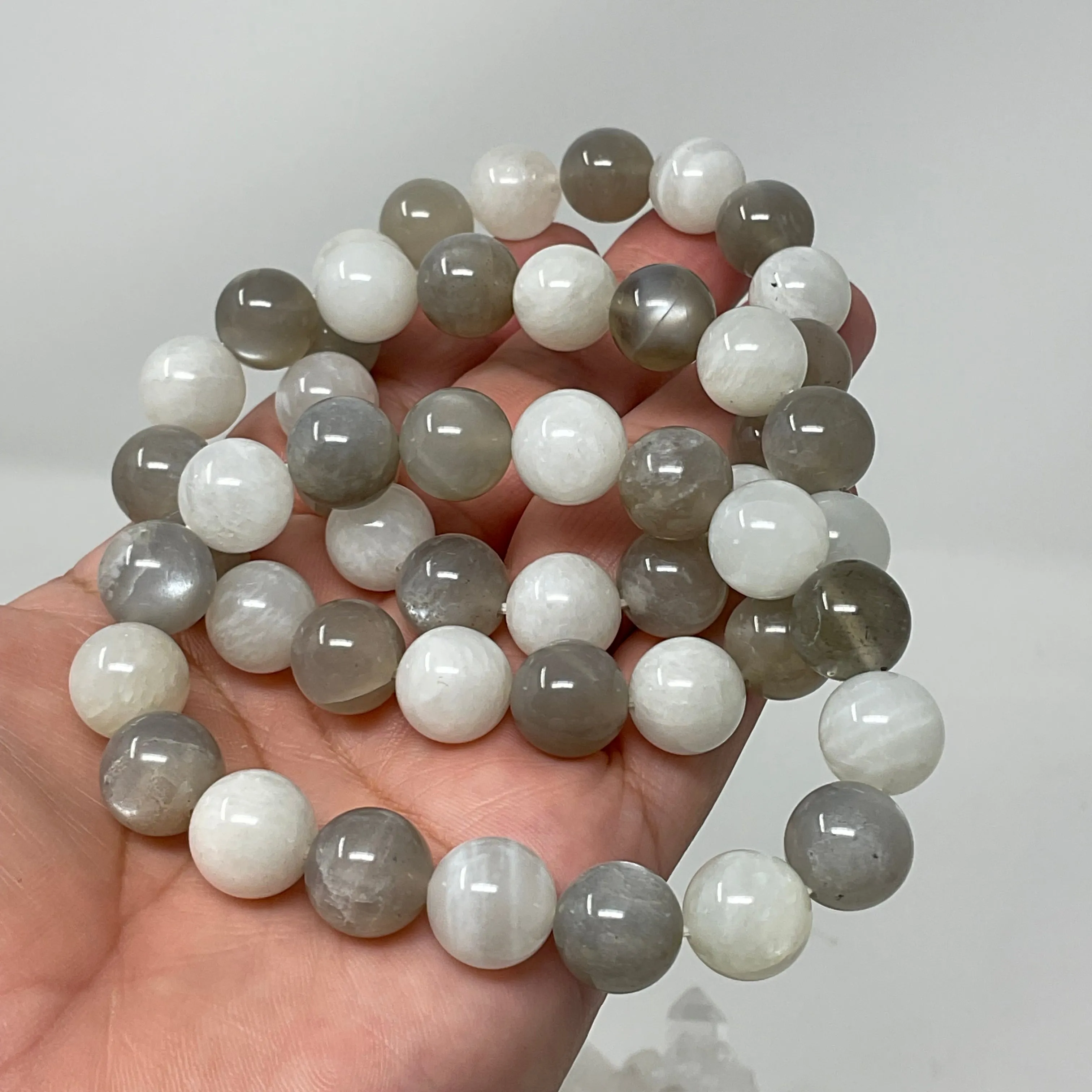 White & Grey Moonstone 12MM 2-Piece Round Bracelet Set