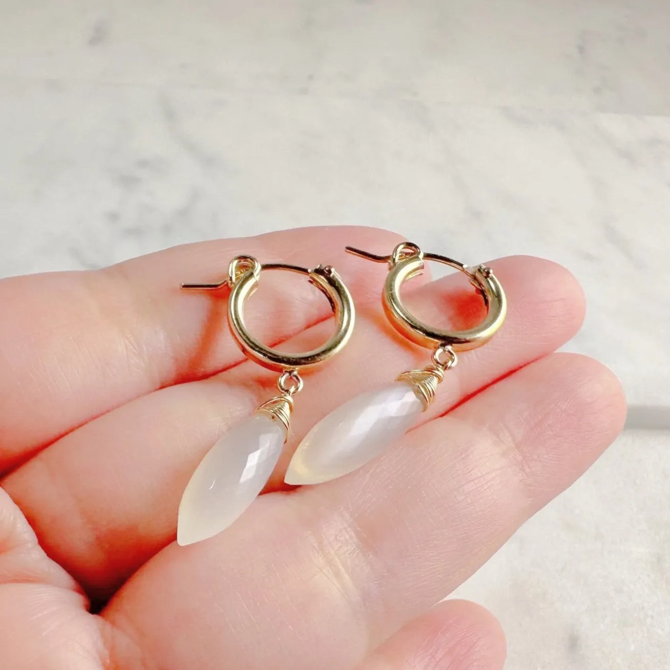 White Moonstone Hoop Huggie Earrings