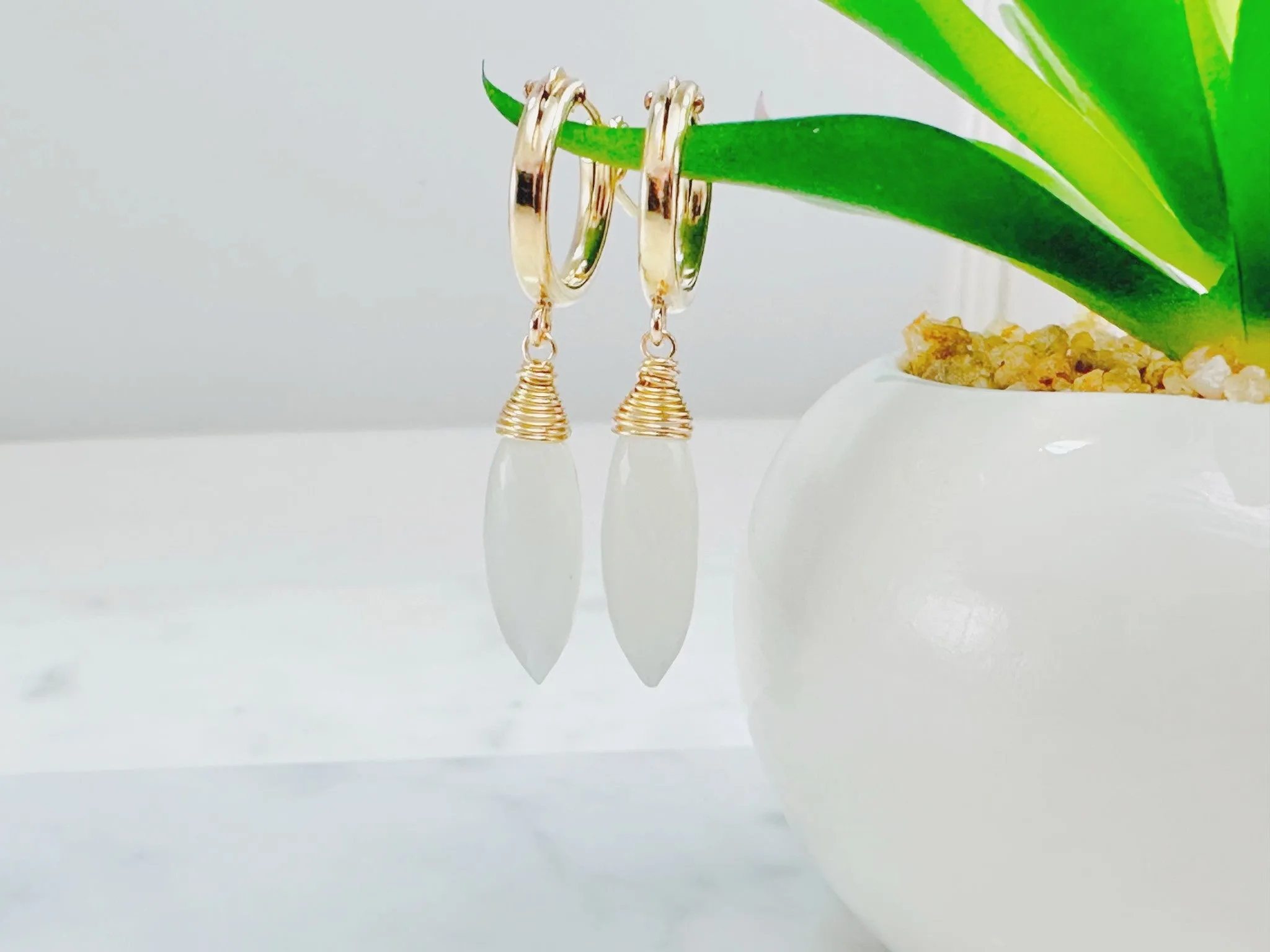 White Moonstone Hoop Huggie Earrings
