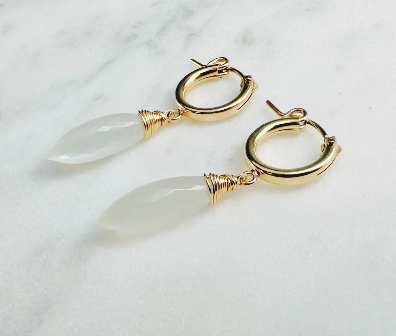 White Moonstone Hoop Huggie Earrings