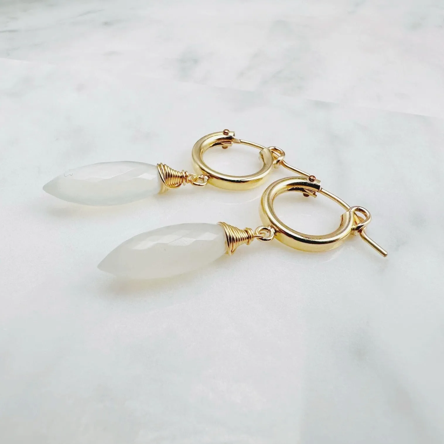 White Moonstone Hoop Huggie Earrings