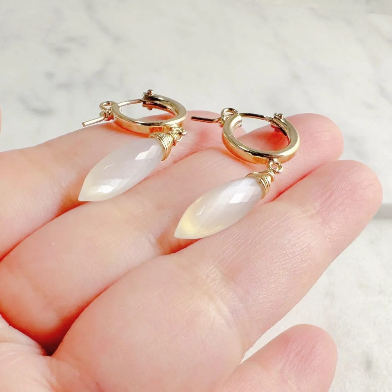 White Moonstone Hoop Huggie Earrings