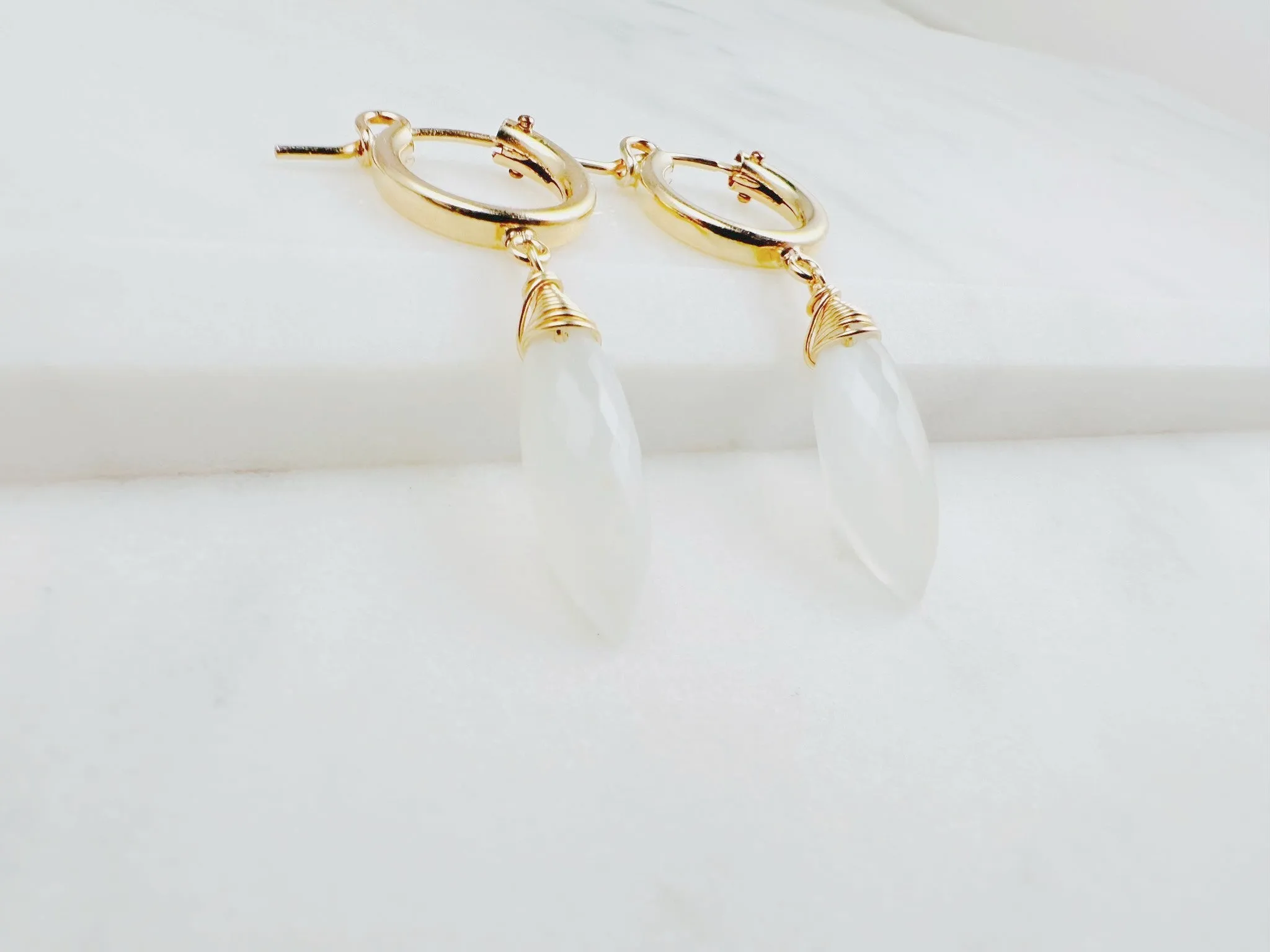 White Moonstone Hoop Huggie Earrings