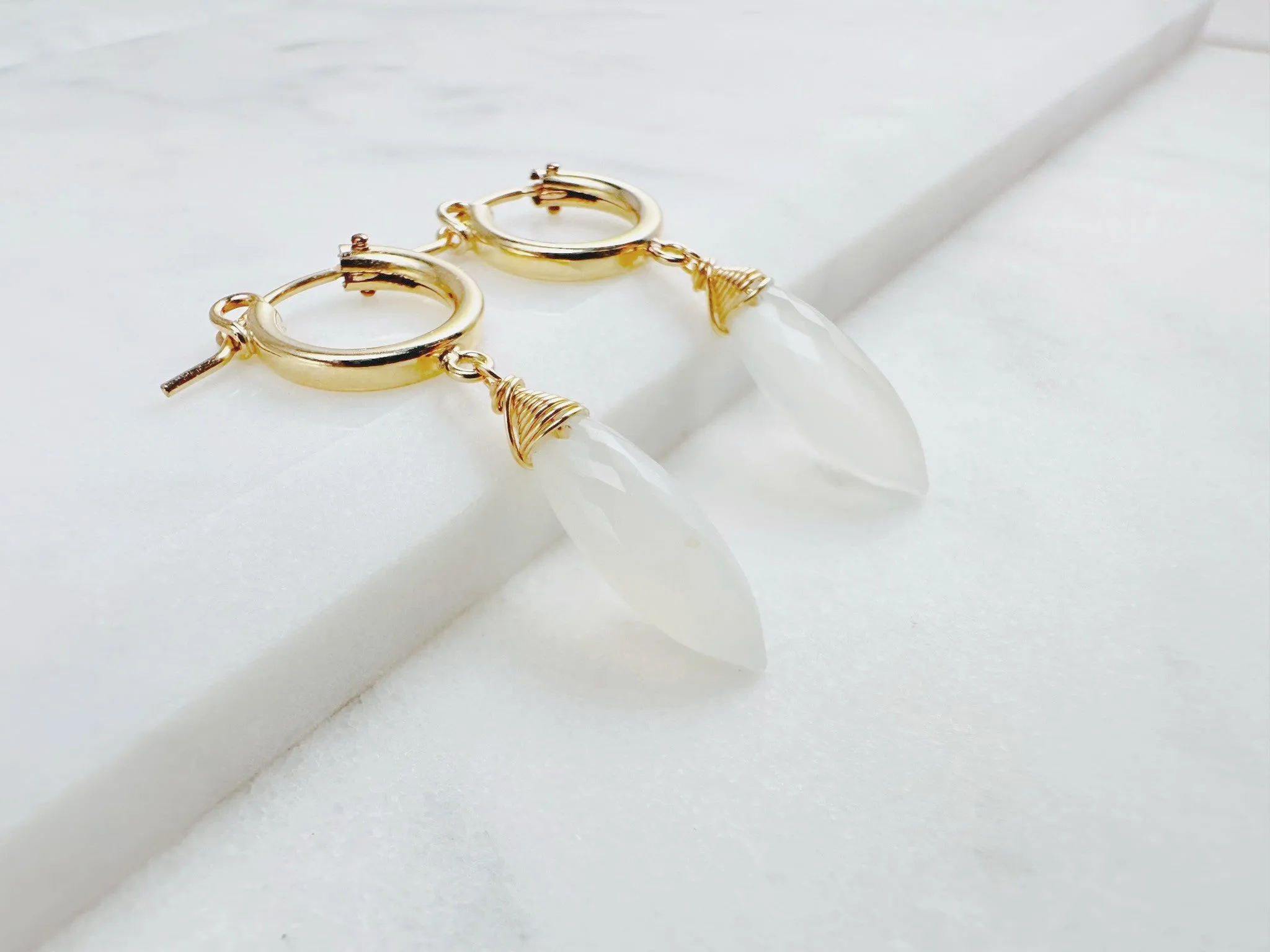 White Moonstone Hoop Huggie Earrings