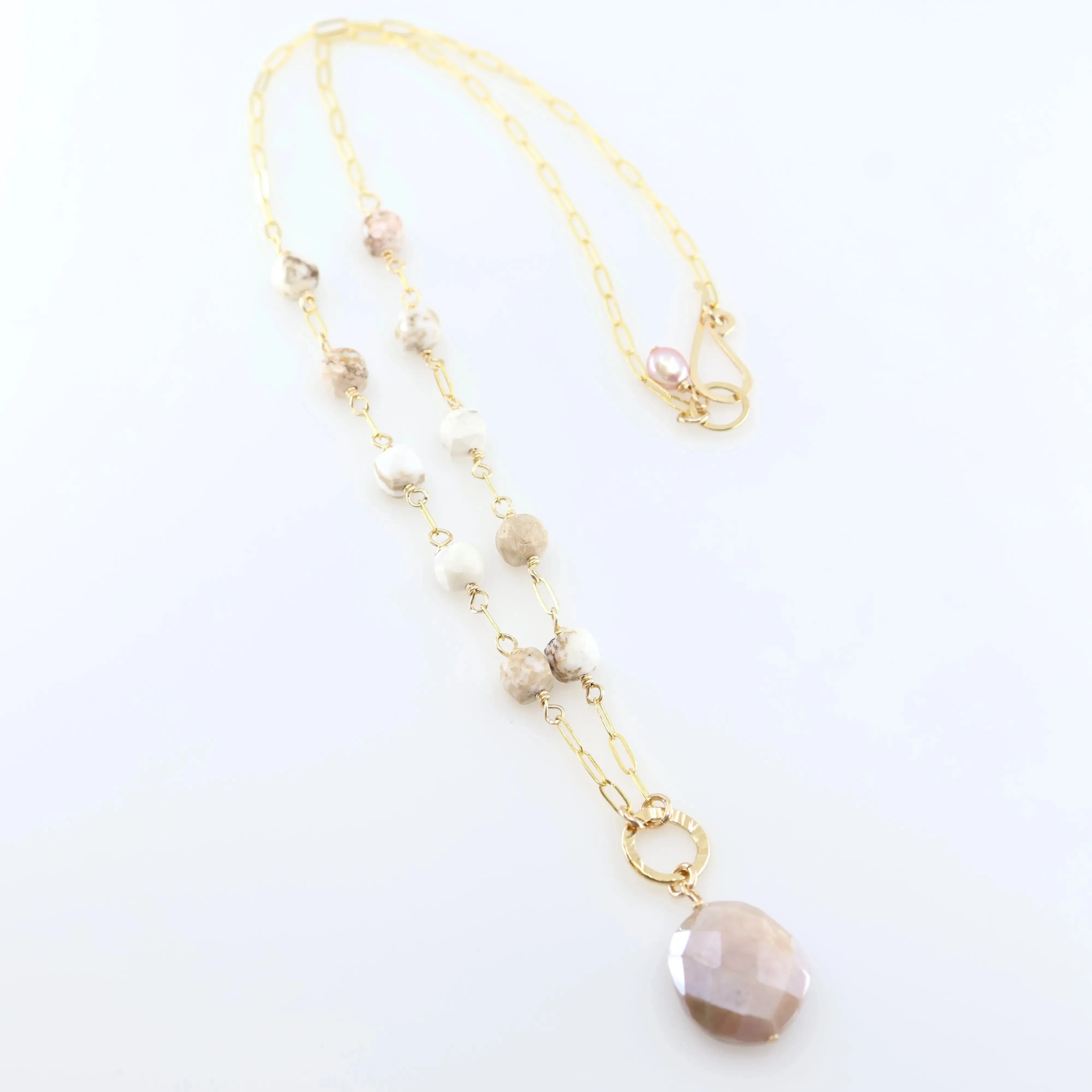 White Turquoise Cube and Champagne Moonstone Necklace